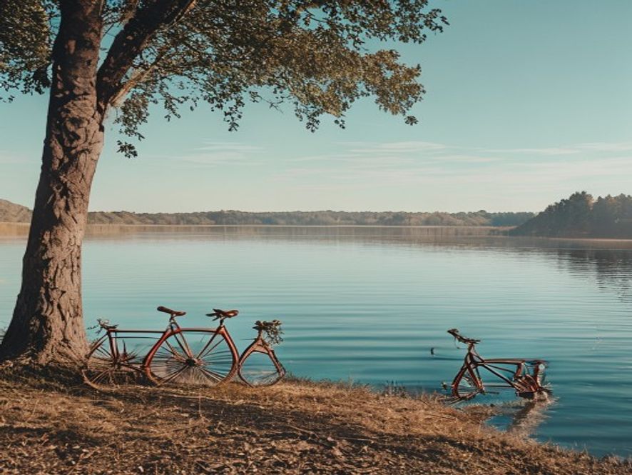 Två cyklar lutade mot ett träd vid en sjö med utsikt över grön natur och blå himmel