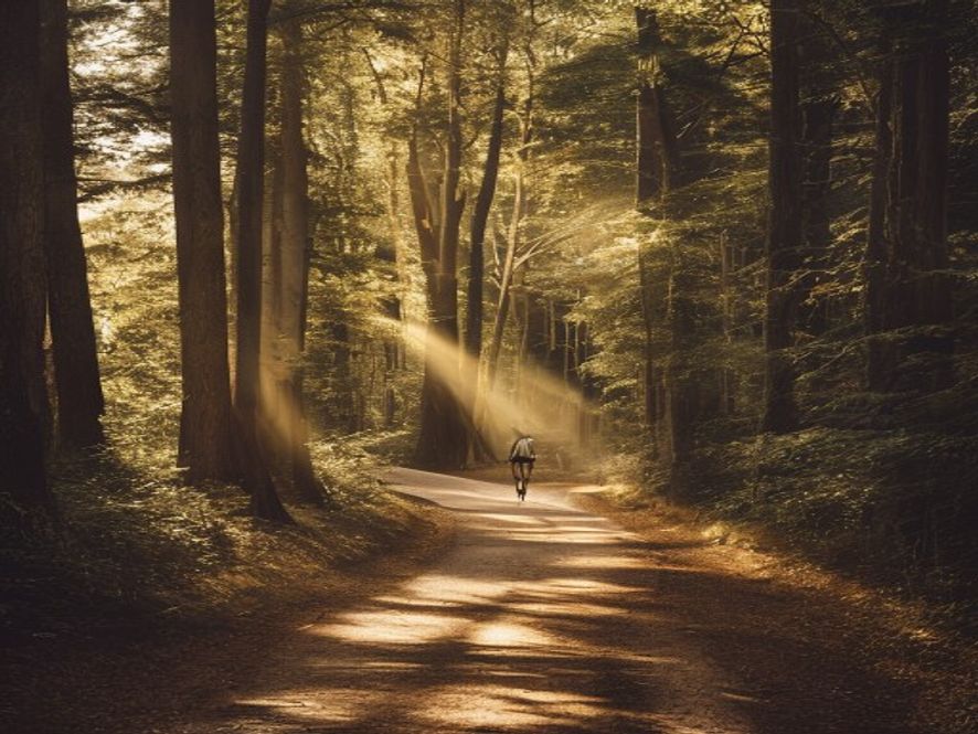 En cykelväg genom grön skog med sol som sipprar genom trädens blad längs en lugn väg